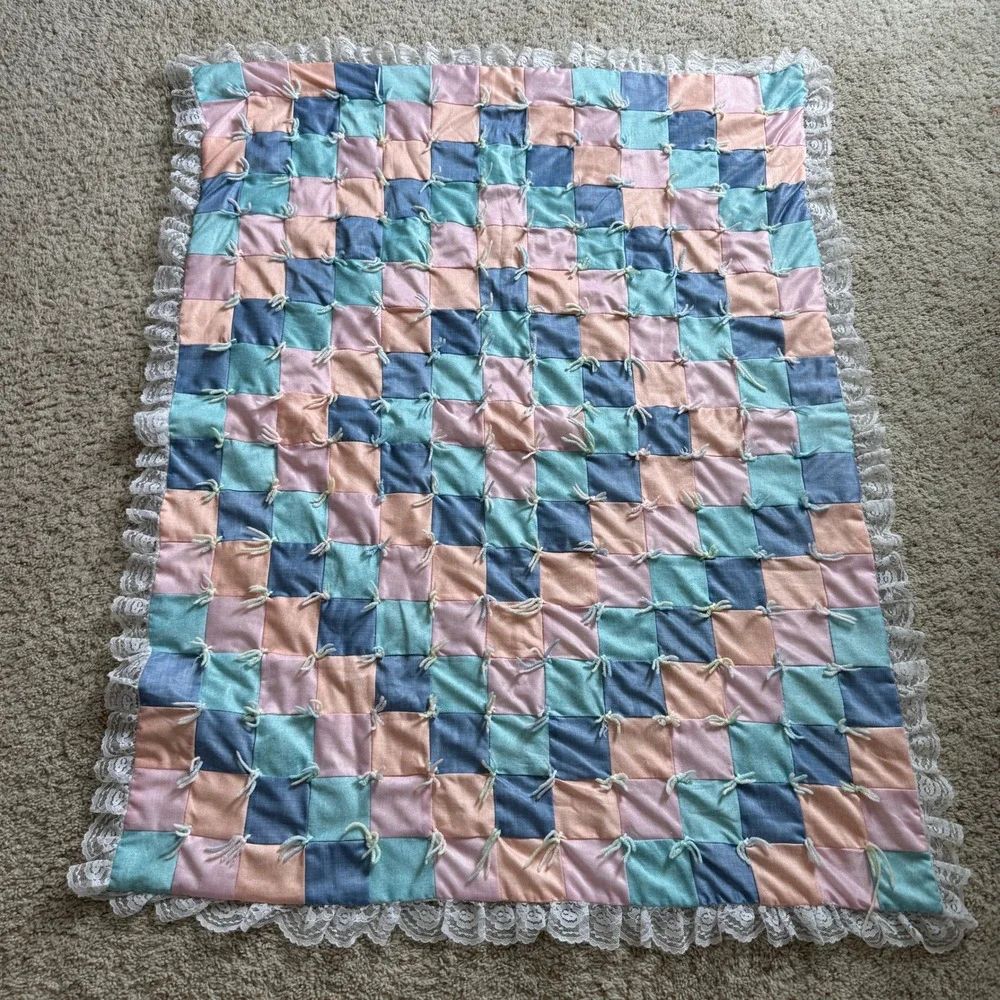Handmade Pastel Patchwork Baby Quilt Lace Trim Yarn Ties Vintage Style Blanket
